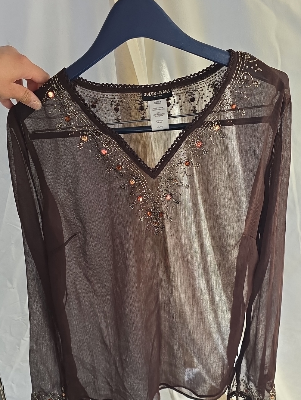 Guess Jeans Brown Sheer Beaded V-Neck Blouse